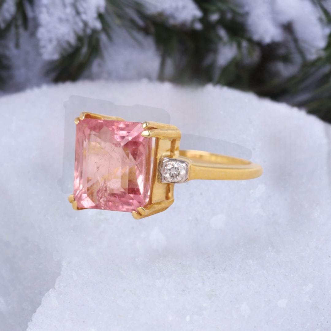 Rose Quartz Engagement Ring, Three Stone Radiant Cut Pink Rose Quartz Ring, 14K Yellow Gold Micron Plated 925 Sterling Silver