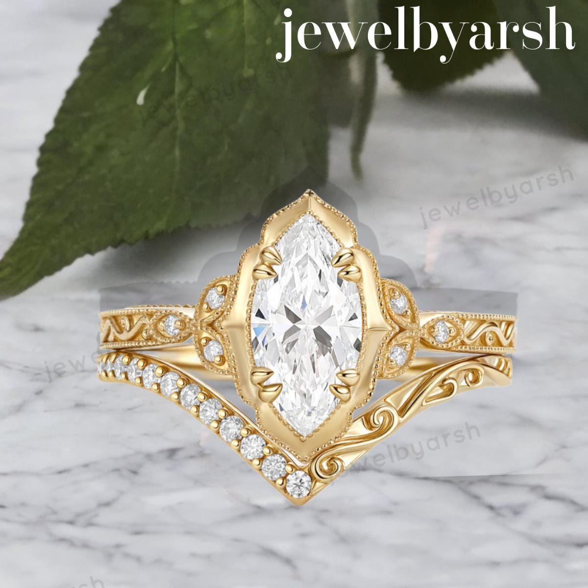Marquise Moissanite Engagement Ring Set, Rose Gold Art Deco Bridal Ring, 925 Sterling Silver, Lab Created Moissanite & CZ