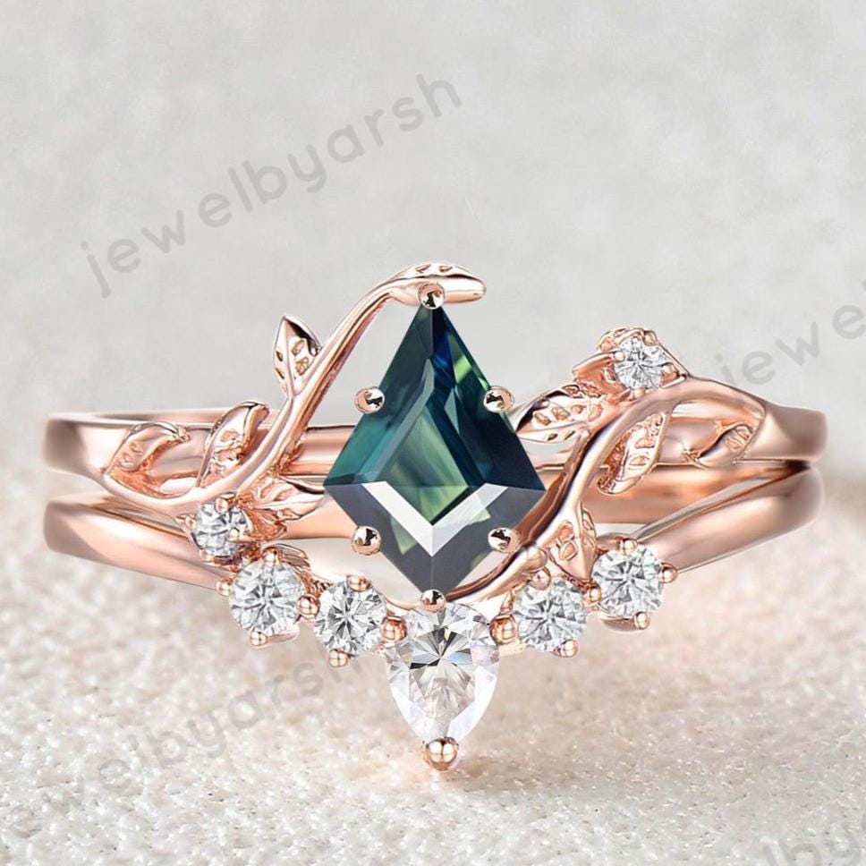 Kite Cut Green Sapphire Ring, Leaf Inspired Engagement Ring, Green Sapphire Bridal Jewelry, Moissanite & CZ Diamond Ring