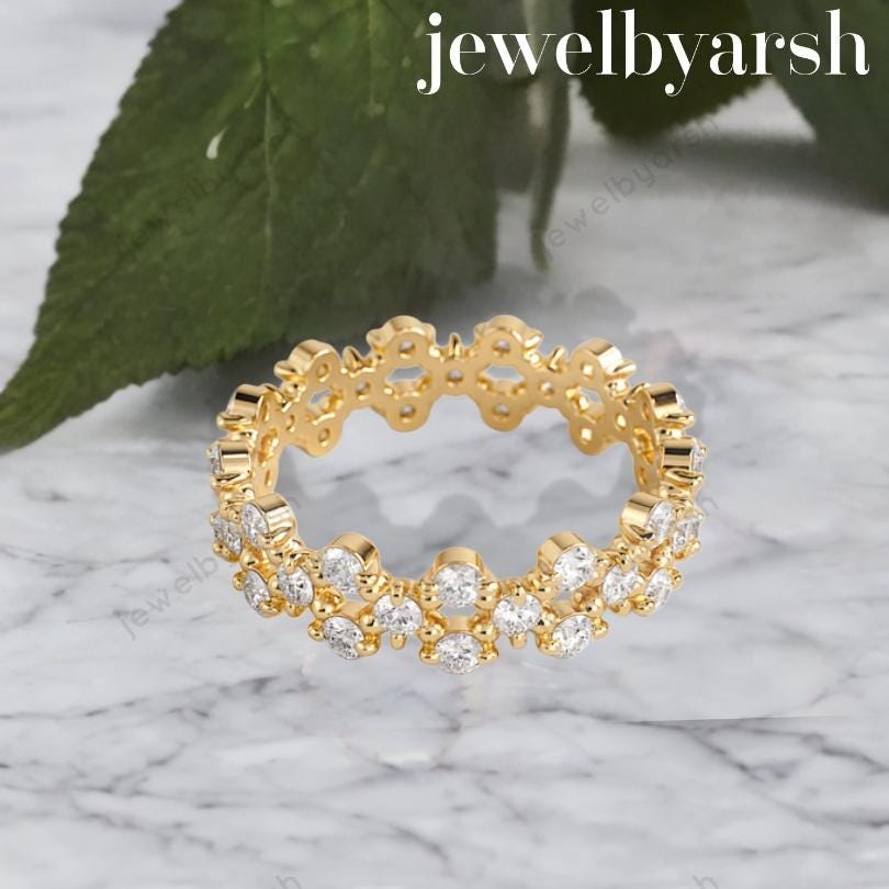 Double Nesting Diamond Ring Band In 14K Yellow Gold | 39 Round Diamond Wedding Ring | Minimal Luxury Bridal Ring | Handmade Fine Jewelry
