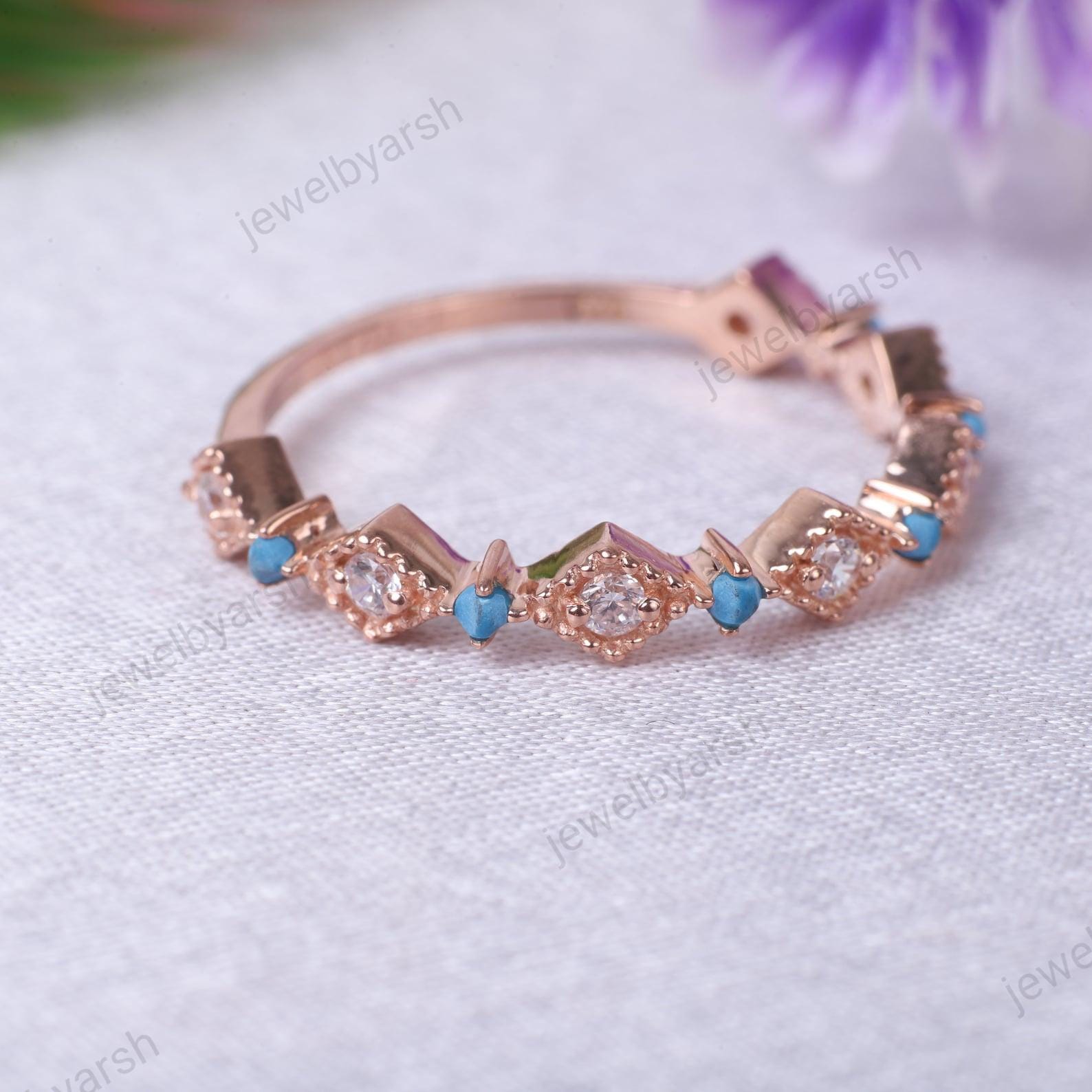 Turquoise & CZ Diamond Rose Gold Ring: Solid Gold Half Eternity Band