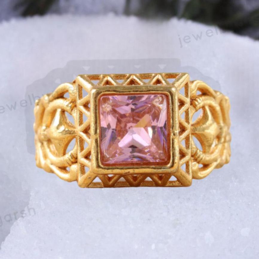 Vintage Peach Morganite Ring: Square Gemstone, Gold Jewelry, Signet Ring, Men's Ring, Birthday Gift For Love
