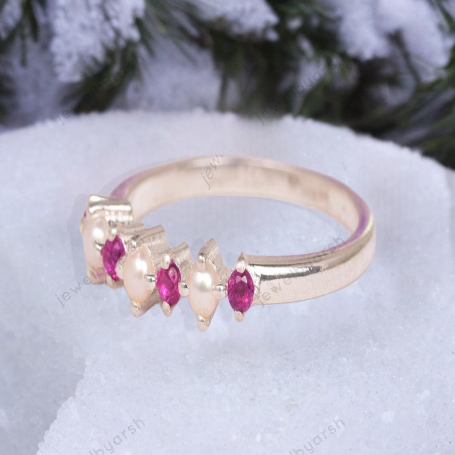 Pearl And Ruby Wedding Ring, 925 Sterling Silver Dainty Stacking Ring