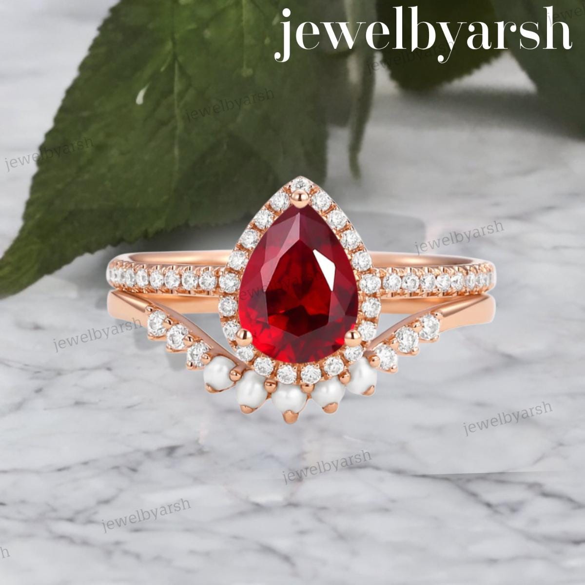 Pear Ruby Ring Set | 14K Rose Gold Bridal Ring With Pearl Accents