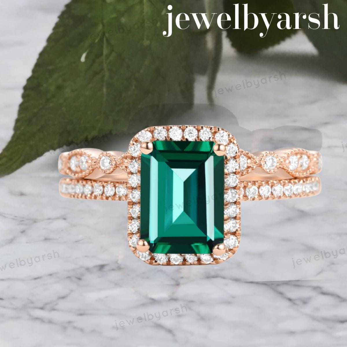 Emerald Halo Bridal Ring Set, Green Emerald Engagement Ring Set, May Birthstone, CZ Diamond Halo, 925 Sterling Silver