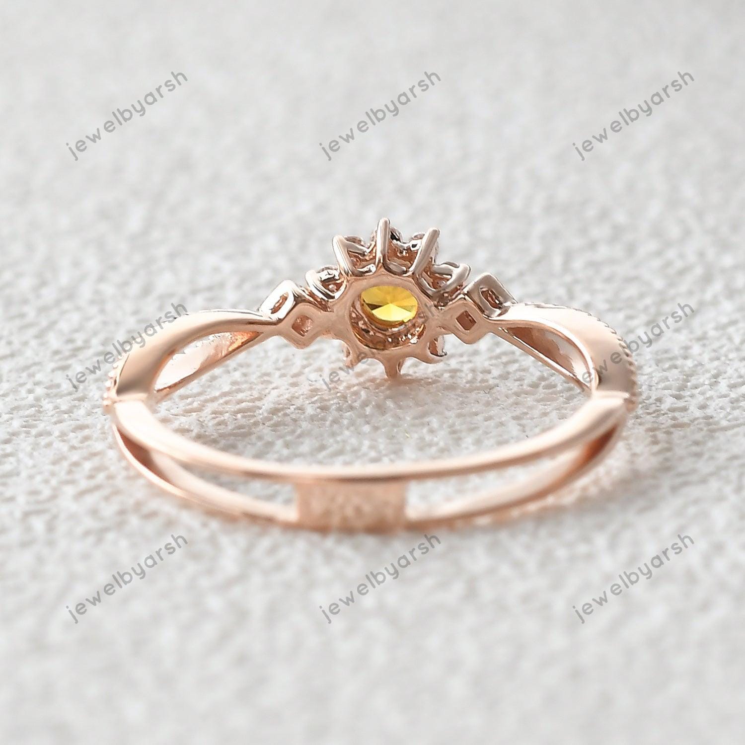 Citrine Halo Ring, Round Yellow Gemstone & CZ Diamond Bridal Ring