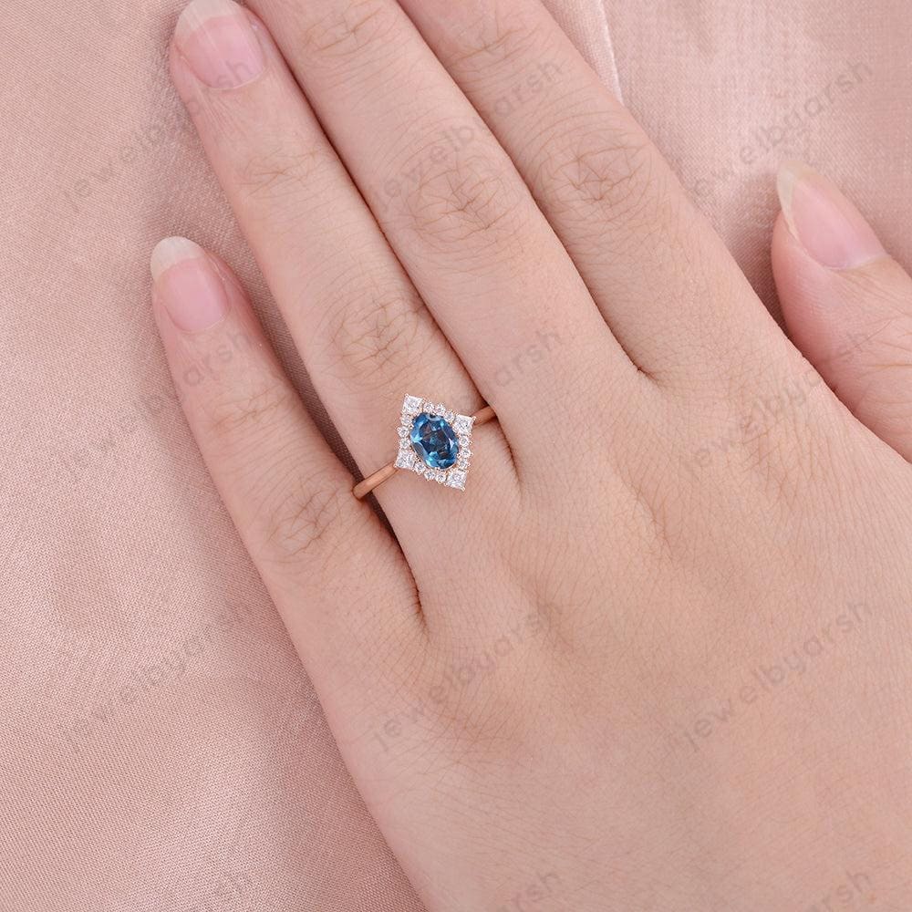 London Blue Topaz Engagement Ring, Oval Cut Lab Created Blue Topaz Ring, CZ Diamond Halo Ring, 925 Sterling Silver Promise Ring