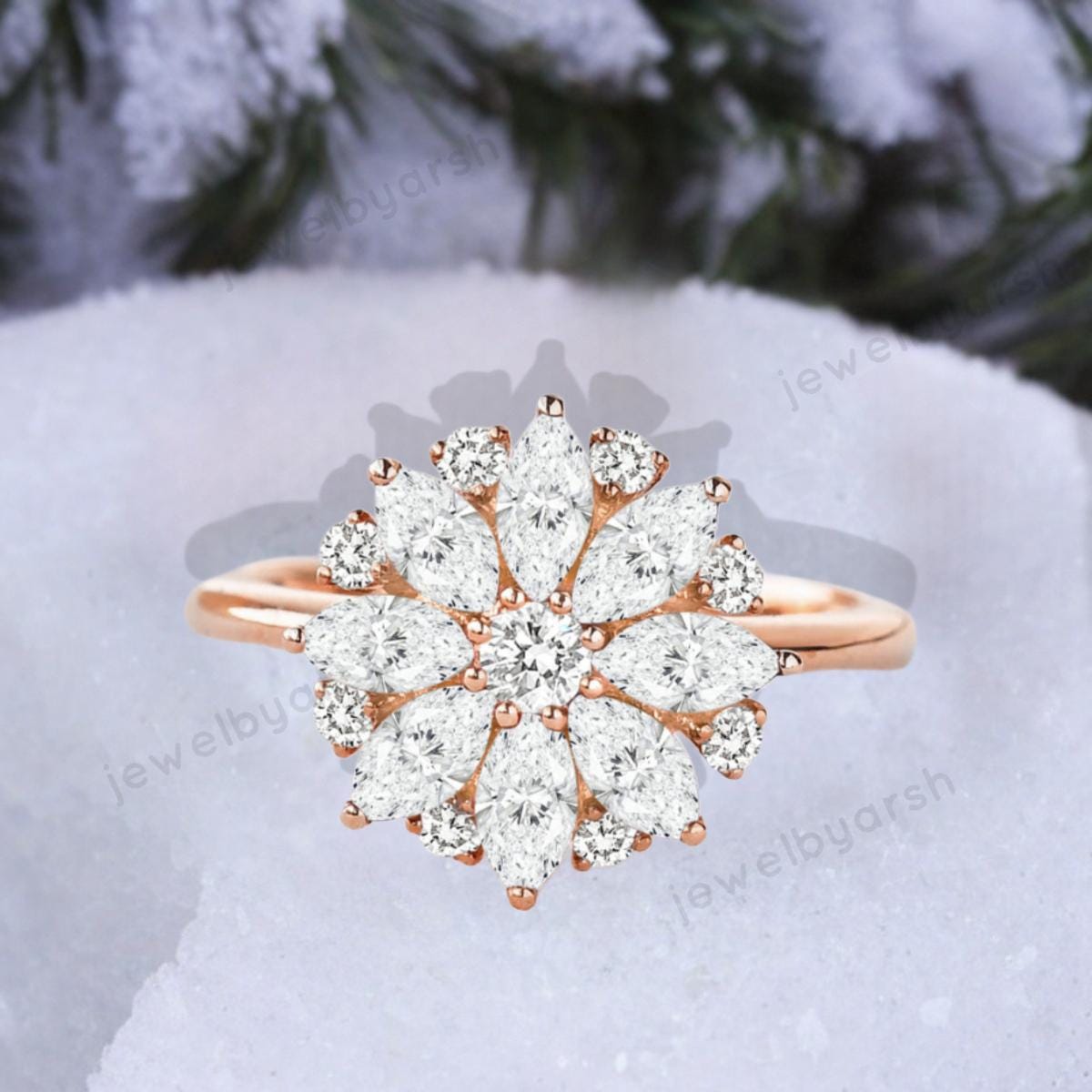 Floral Moissanite Ring, Colorless Lab Created Moissanite Flower Ring, 925 Sterling Silver, April Birthstone