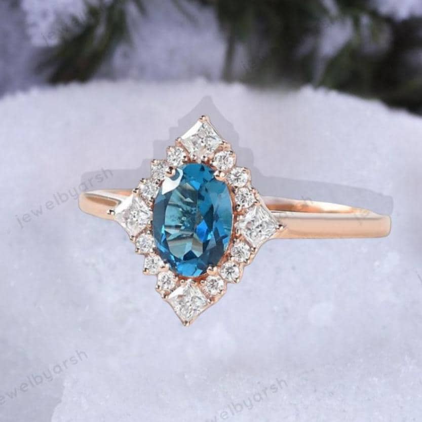 London Blue Topaz Engagement Ring, Oval Cut Lab Created Blue Topaz Ring, CZ Diamond Halo Ring, 925 Sterling Silver Promise Ring
