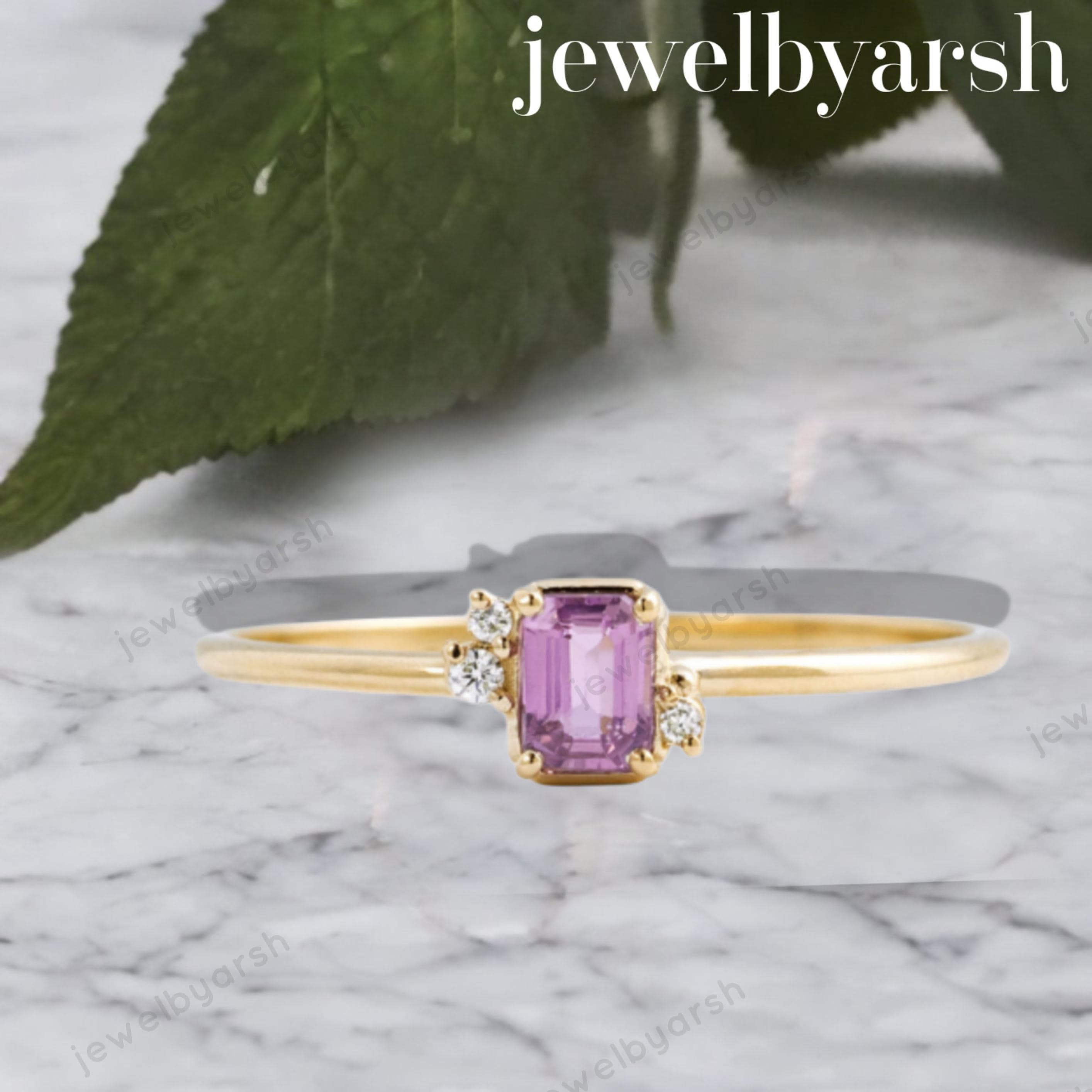 Pink Sapphire Emerald Cut Ring, Lab Created Pink Sapphire & CZ Ring, 925 Sterling Silver With Gold Micron Plating, September Birthstone