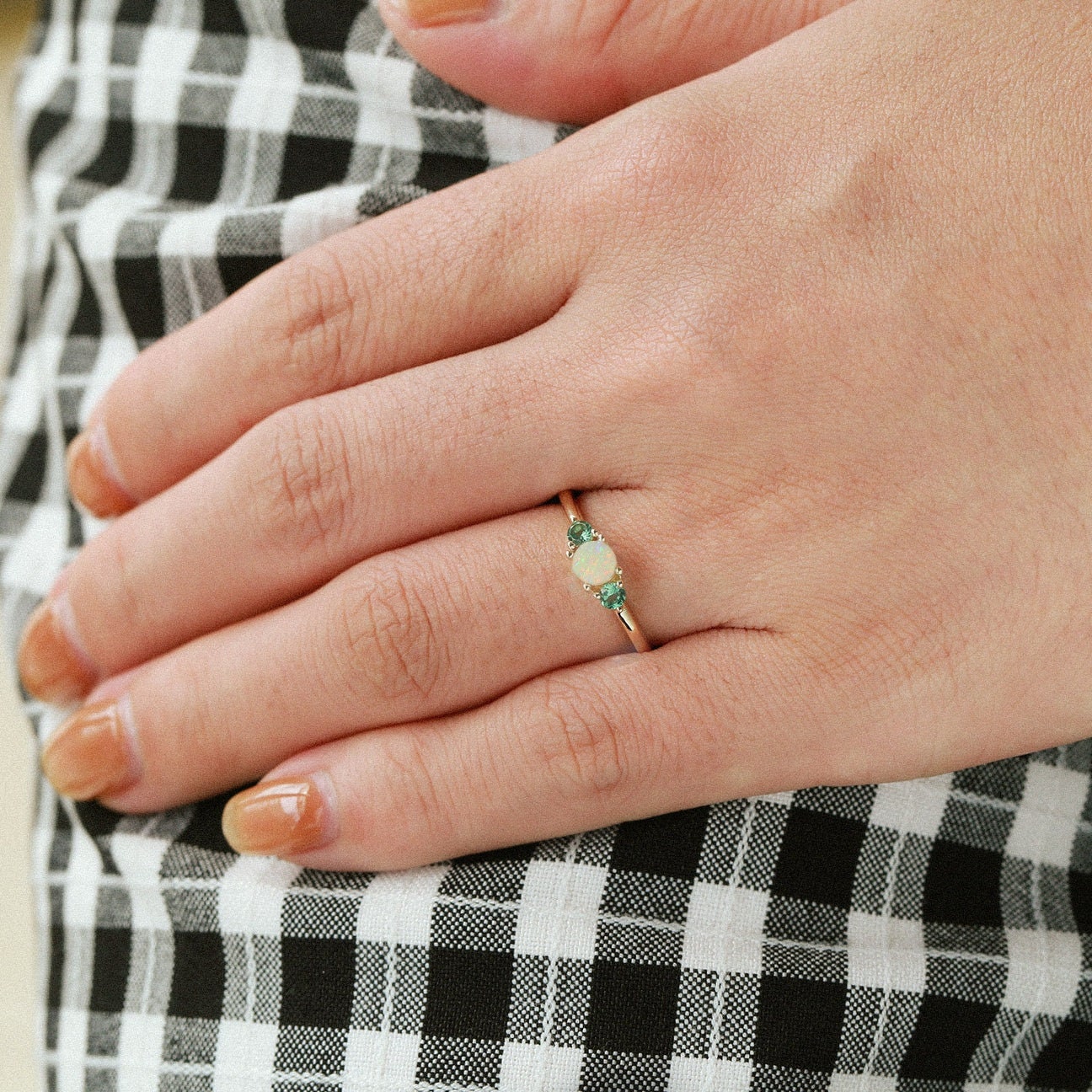Fire Opal & Emerald Ring, 5mm Round Lab Created Fire Opal, Green Emerald, October Birthstone, 925 Sterling Silver