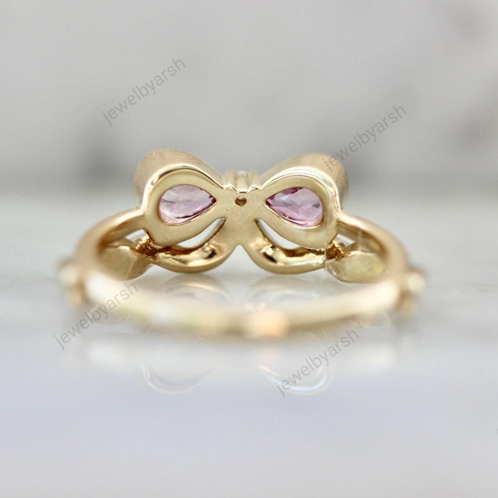 Pink Sapphire Bow Ring, Handmade Sterling Silver Ring, 14K Gold Pink Sapphire Ring, CZ Diamond Accent Band, September Birthstone Gift