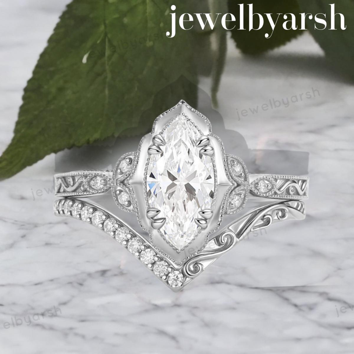 Marquise Moissanite Engagement Ring Set, Rose Gold Art Deco Bridal Ring, 925 Sterling Silver, Lab Created Moissanite & CZ