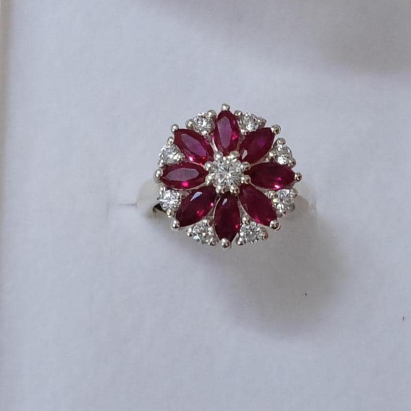 Floral Ruby Ring, Lab Created Ruby & Moissanite 925 Sterling Silver July Birthstone