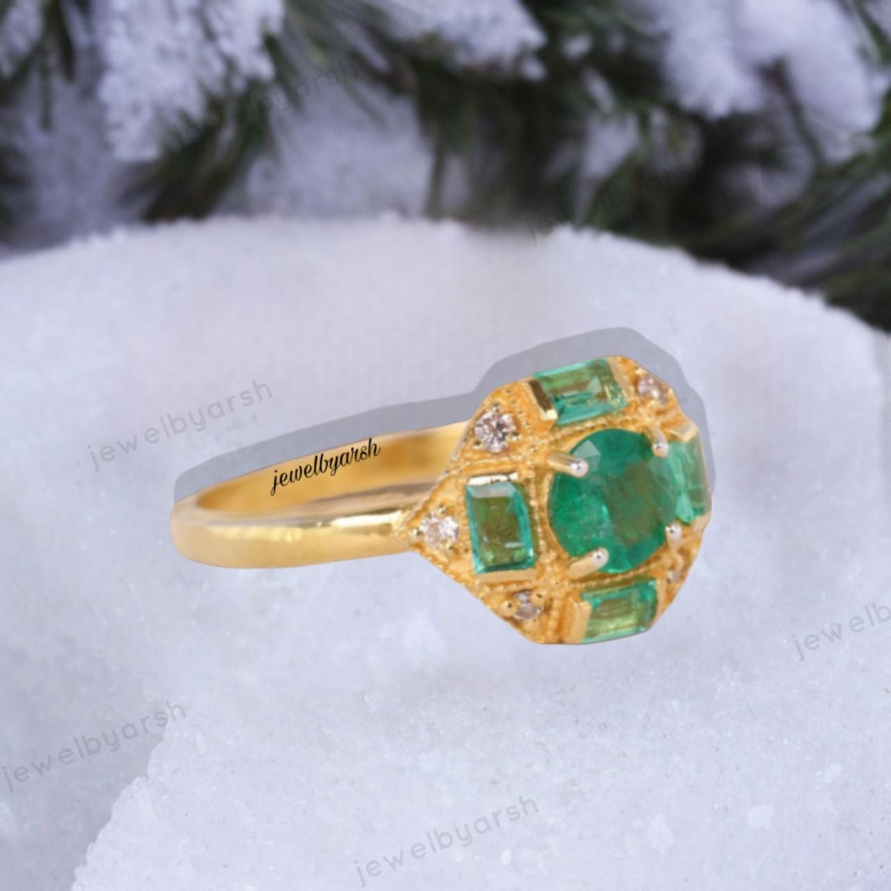 Emerald Engagement Ring, Green Emerald Three Stone Ring, 14K Yellow Gold Micron Plated 925 Sterling Silver, May Birthstone