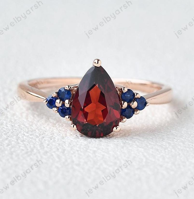 1.5ct Pear Shape Red Garnet Wedding Ring, Blue Sapphire Ring,  Rose Gold Bridal Ring , January  Birth Stone Ring  , Garnet Ring Gift For Her