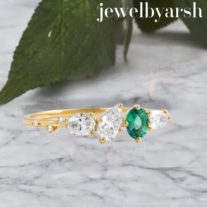 Moissanite & Emerald Ring, Pear Cut Moissanite Ring, Round Emerald Ring, 14K Yellow Gold Plated Ring, Dainty Engagement Ringgement Jewelry For Women