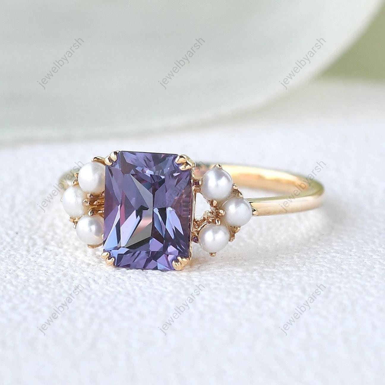 Alexandrite Pearl Ring: Yellow Gold Stackable Promise Ring