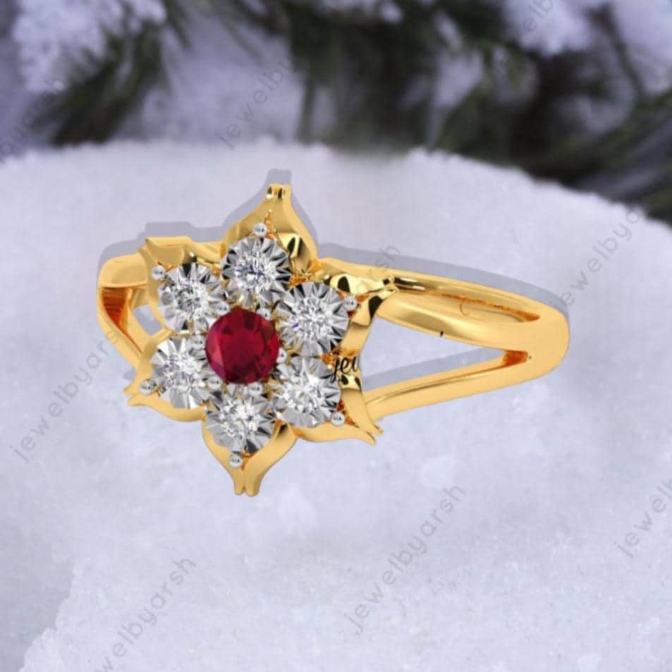 Sunflower Ruby Engagement Ring, Floral Halo Ring, Red Ruby Bridal Jewelry, July Birthstone Ring