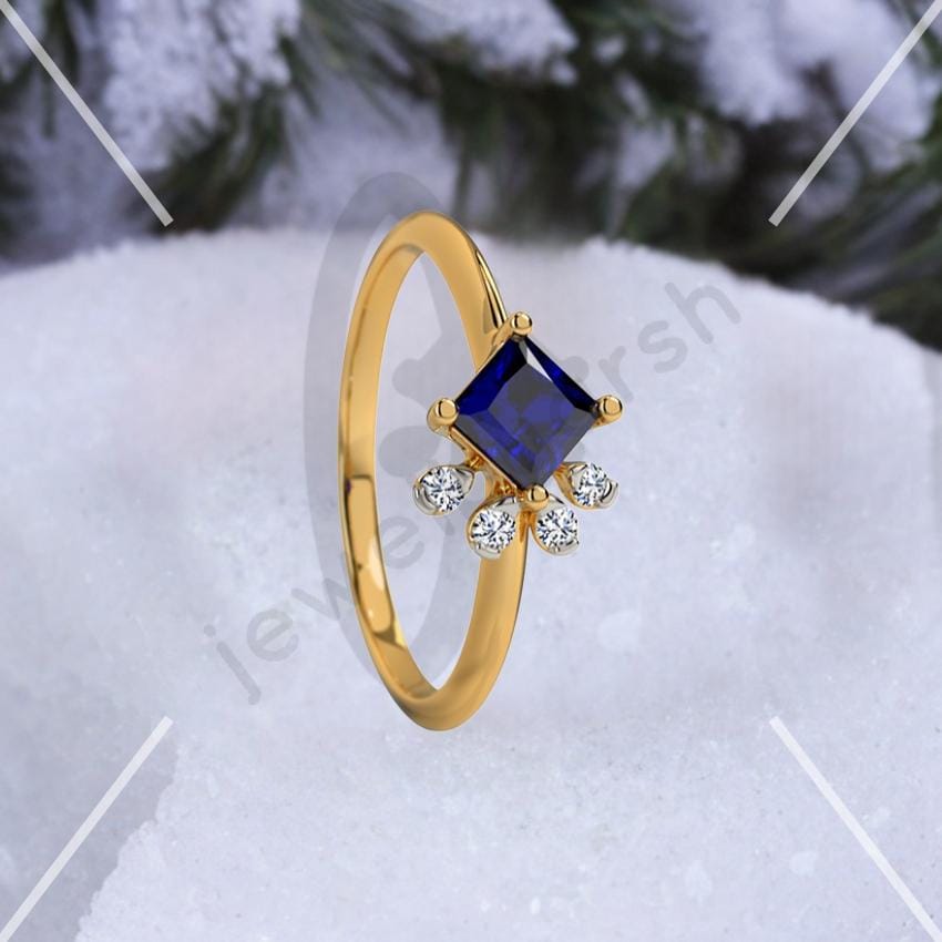 Princess Cut Blue Sapphire Ring | 14K Yellow Gold Sapphire Engagement Ring | Minimalist Fine Jewelry, Diamond Ring, Classic Engagement Ring