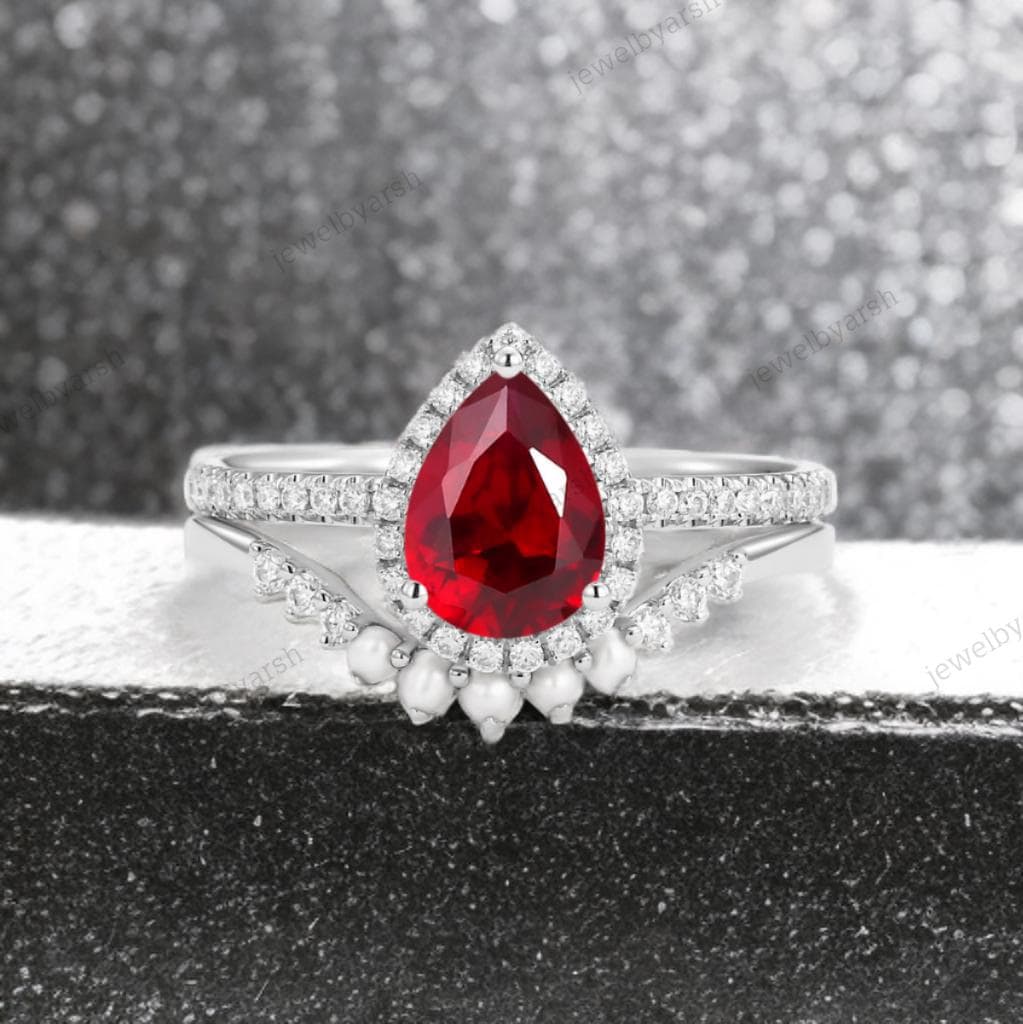 Pear Ruby Ring Set | 14K Rose Gold Bridal Ring With Pearl Accents