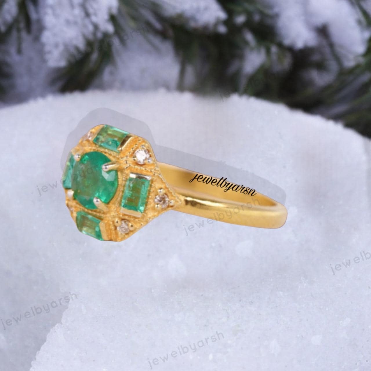 Emerald Engagement Ring, Green Emerald Three Stone Ring, 14K Yellow Gold Micron Plated 925 Sterling Silver, May Birthstone