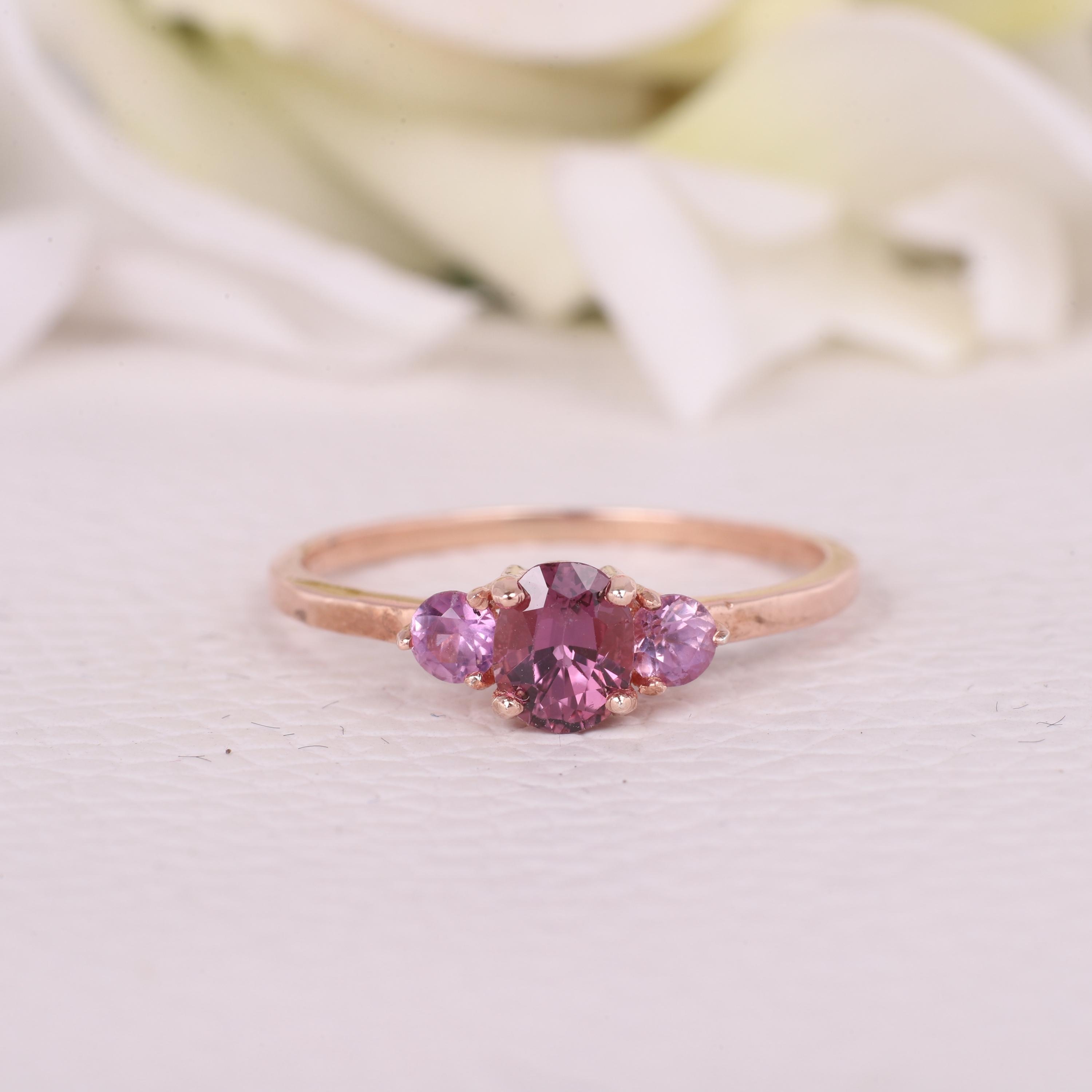 Pink Sapphire Sterling Silver Ring, Three Stone Lab Created Sapphire Engagement Ring, Pink Gemstone Trilogy Ring, September Birthstone Ring