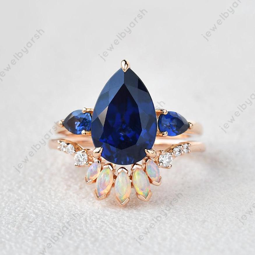 Pear Blue Sapphire Engagement Ring Set, 8x12mm Lab Created Blue Sapphire, Opal & CZ Diamond, 925 Sterling Silver