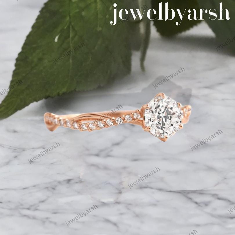Round Moissanite Or Diamond Twisted Band Ring | Dainty Solitaire Engagement Ring | 14K Gold Or 925 Silver