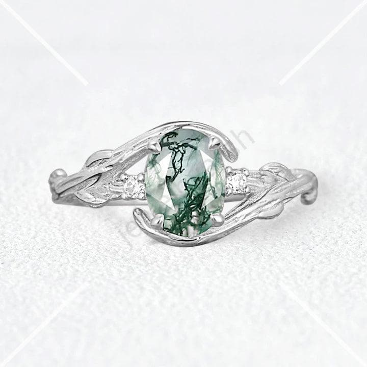 Moss Agate & CZ Diamonds Ring, Princess Cut Moss Agate Promise Ring, Art Deco Engagement  Ring, Stone Ring, Diamond Ring, Women Amazing Gift