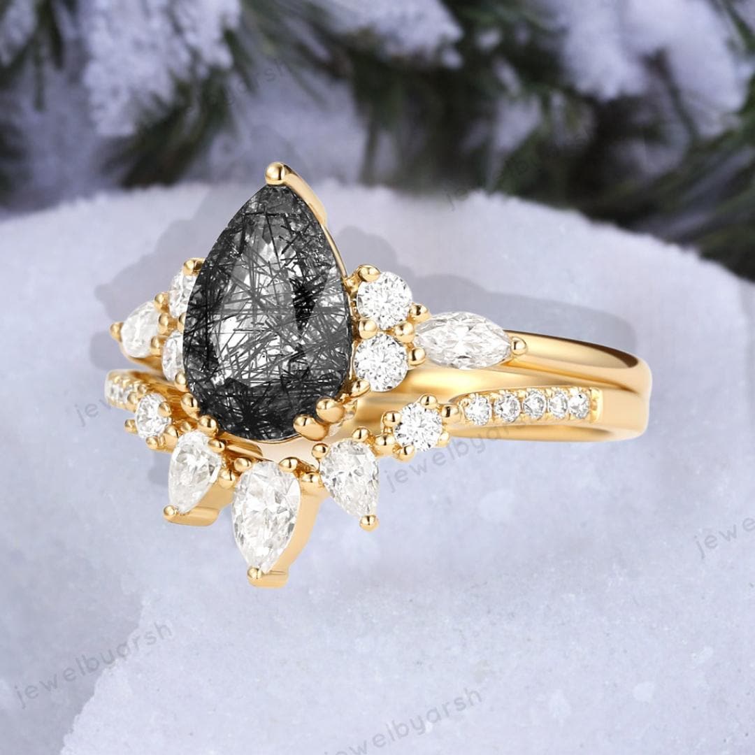 Pear Black Rutile Ring Set In Rose Gold Plated 925 Sterling Silver, Vintage Engagement Ring