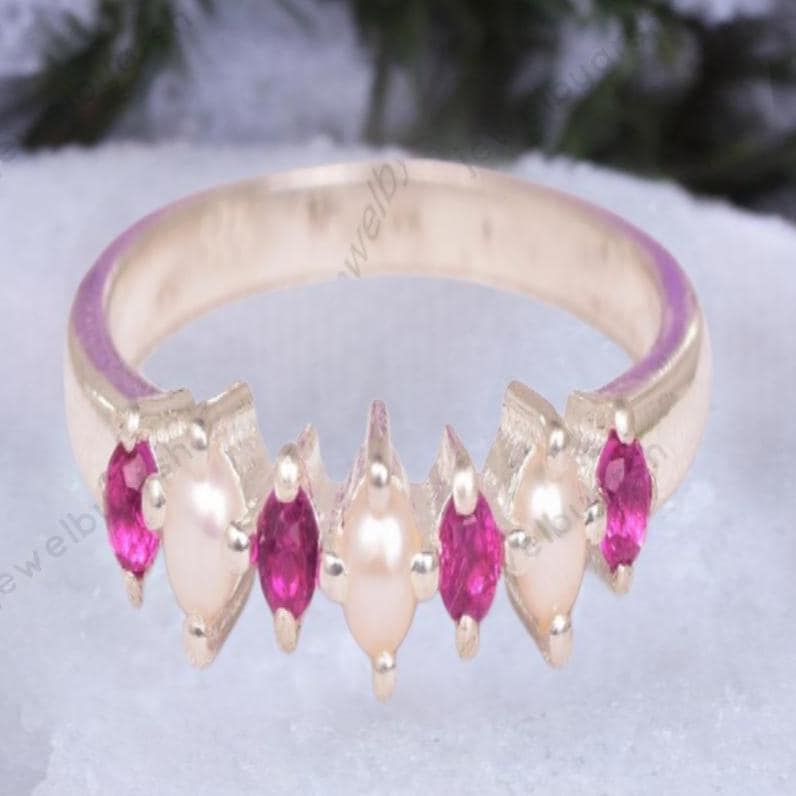 Pearl And Ruby Wedding Ring, 925 Sterling Silver Dainty Stacking Ring