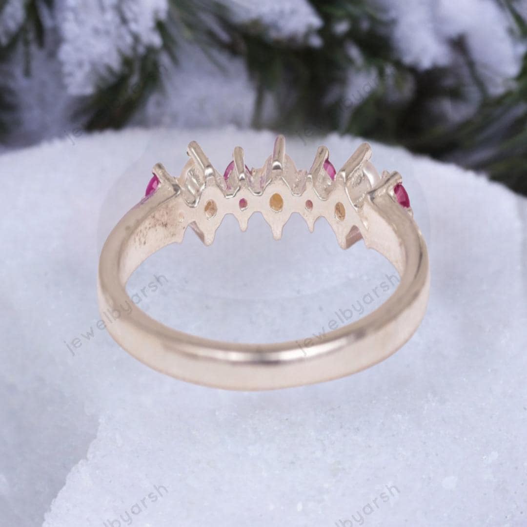 Pearl And Ruby Wedding Ring, 925 Sterling Silver Dainty Stacking Ring