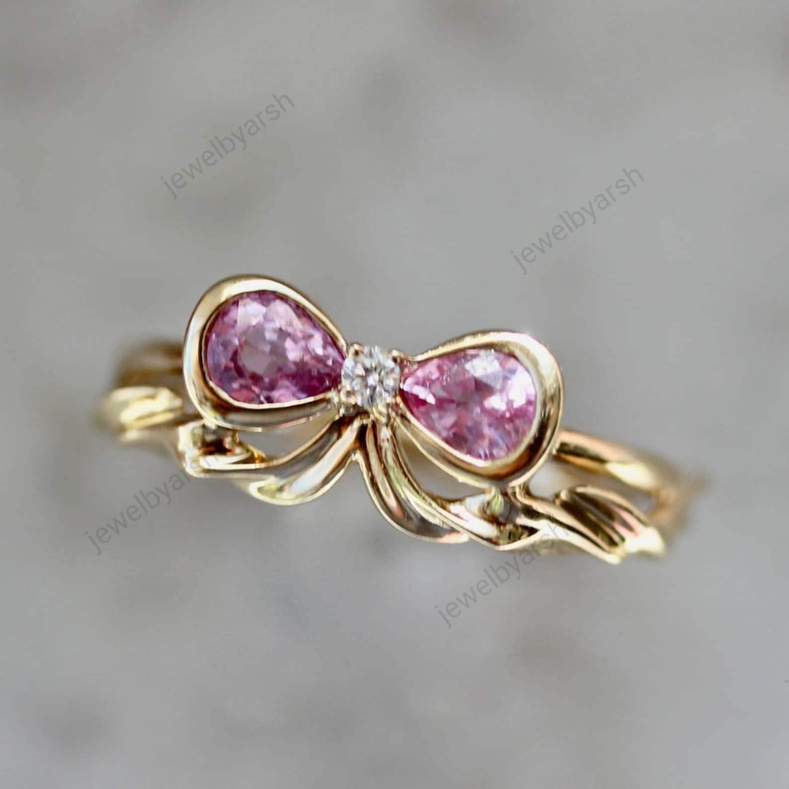 Pink Sapphire Bow Ring, Handmade Sterling Silver Ring, 14K Gold Pink Sapphire Ring, CZ Diamond Accent Band, September Birthstone Gift