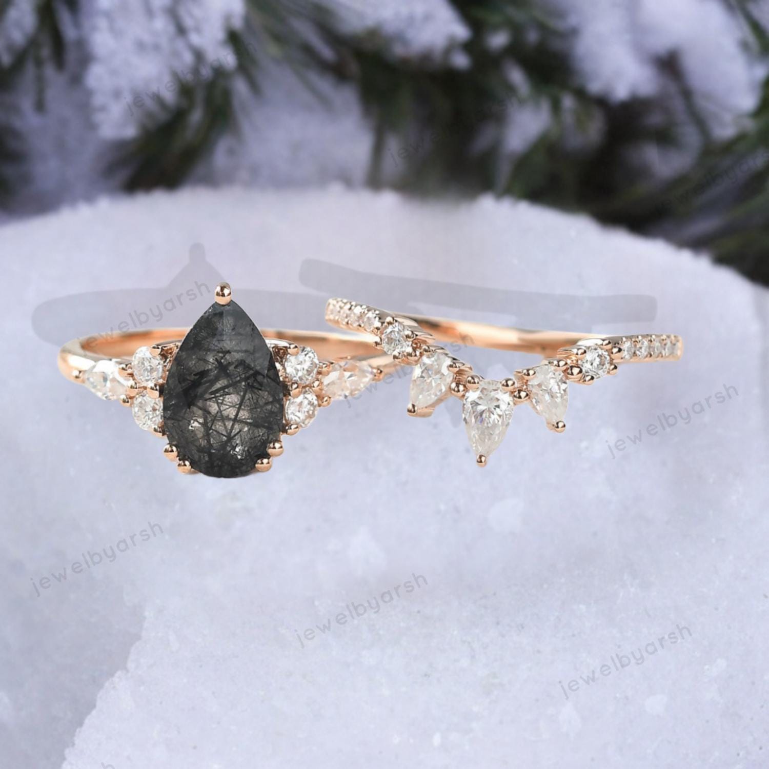 Pear Black Rutile Ring Set In Rose Gold Plated 925 Sterling Silver, Vintage Engagement Ring