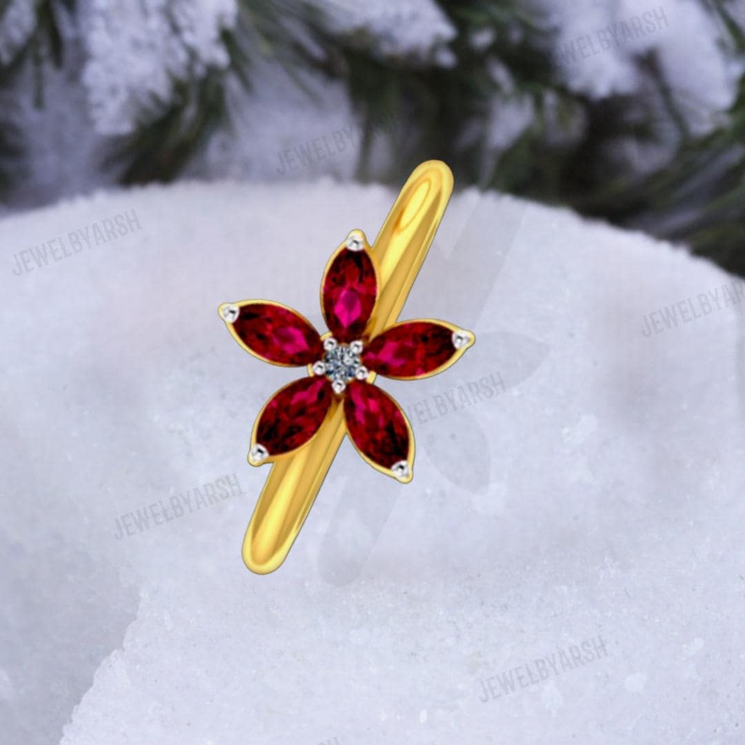 Red Ruby Floral Ring, Marquise Cut Lab Created Ruby & CZ Ring, 925 Sterling Silver With Gold Micron Plating, July Birthstone
