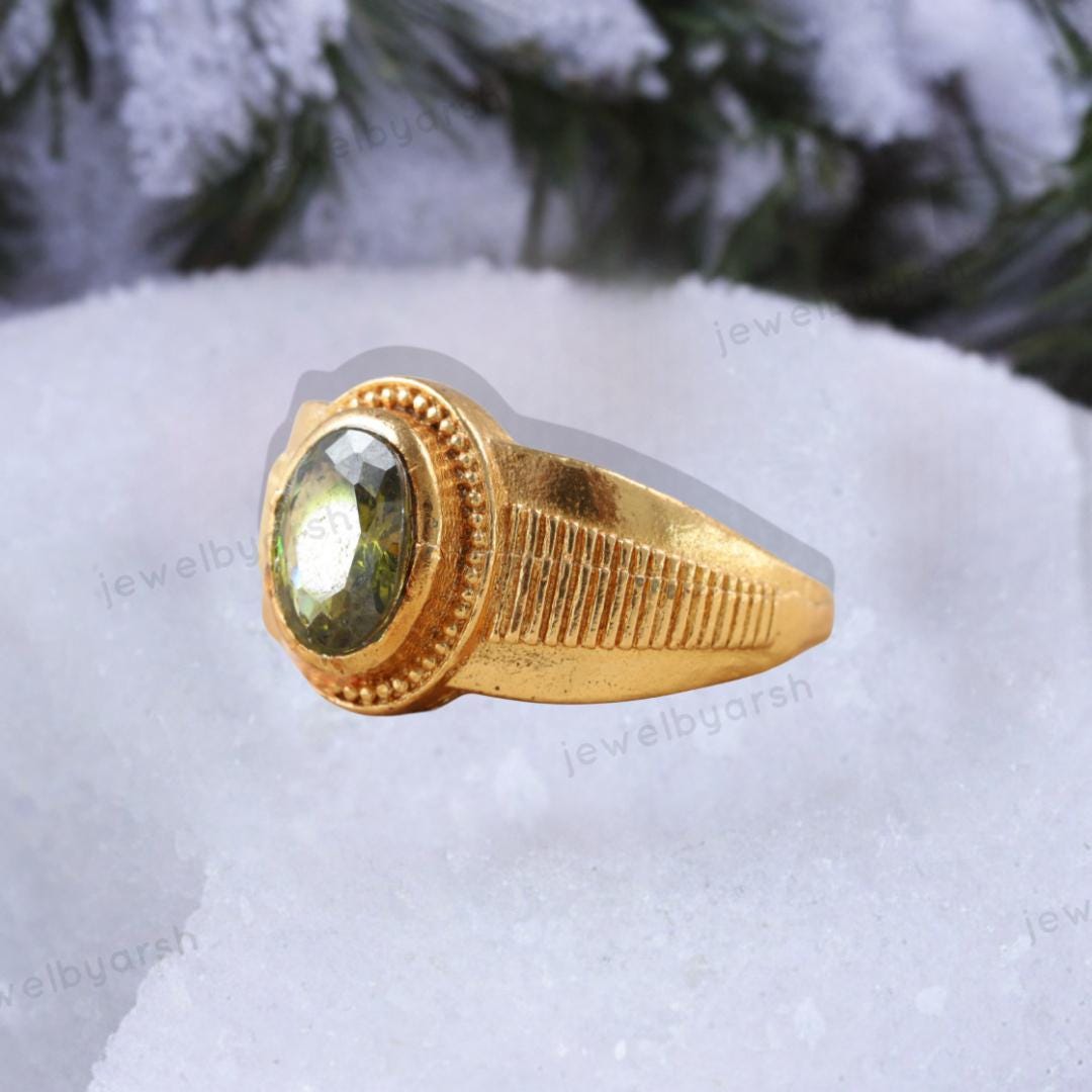 Oval Shape Green Peridot Gemstone Signet Ring, Men Women Engraved Ring, August Birthstone Ring, Birthday Gift For Father