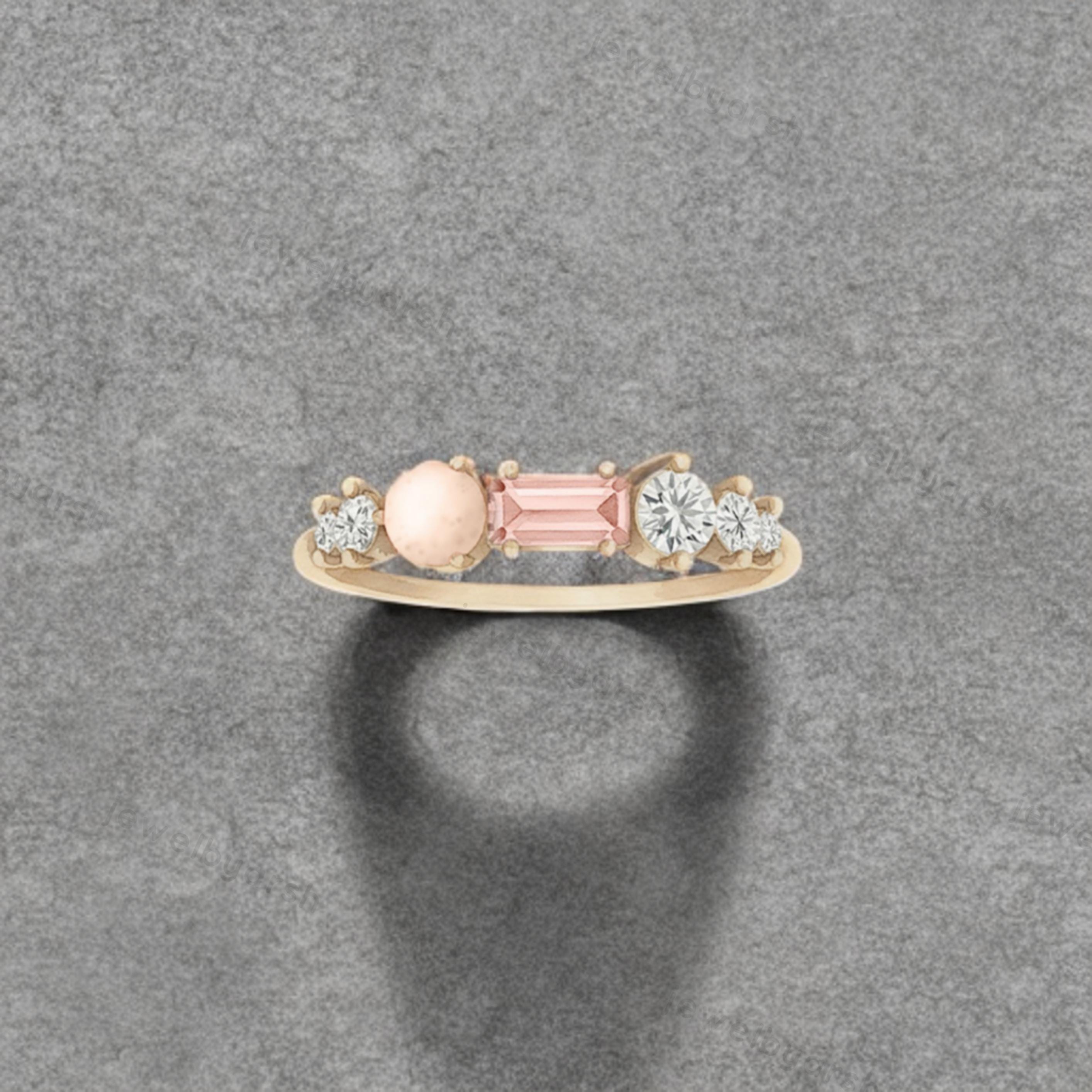 Baguette Pink Sapphire Ring, Lab Created Pink Sapphire, Round Opal & Lab Grown CZ Diamond, Gold Micron Plated 925 Sterling Silver