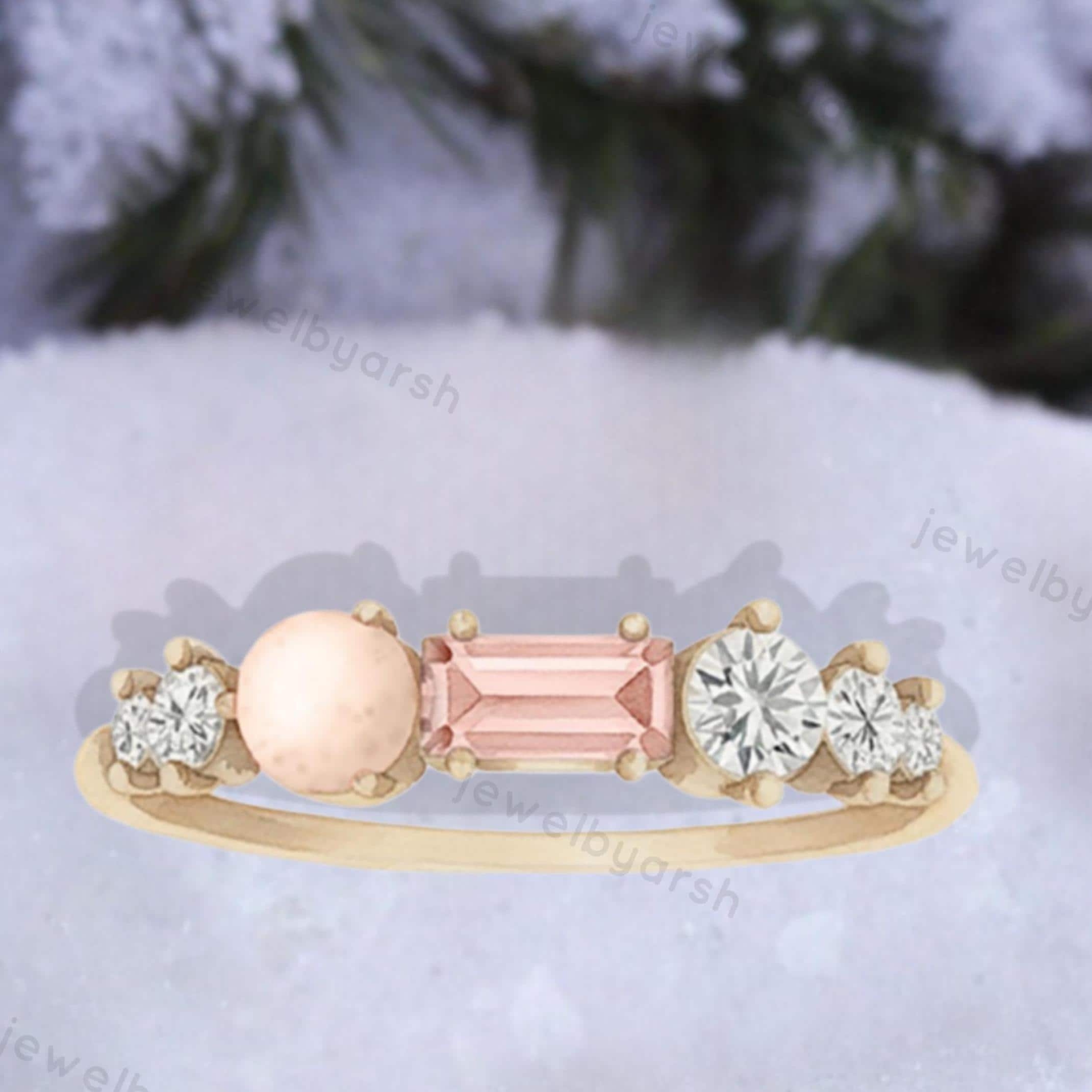 Baguette Pink Sapphire Ring, Lab Created Pink Sapphire, Round Opal & Lab Grown CZ Diamond, Gold Micron Plated 925 Sterling Silver