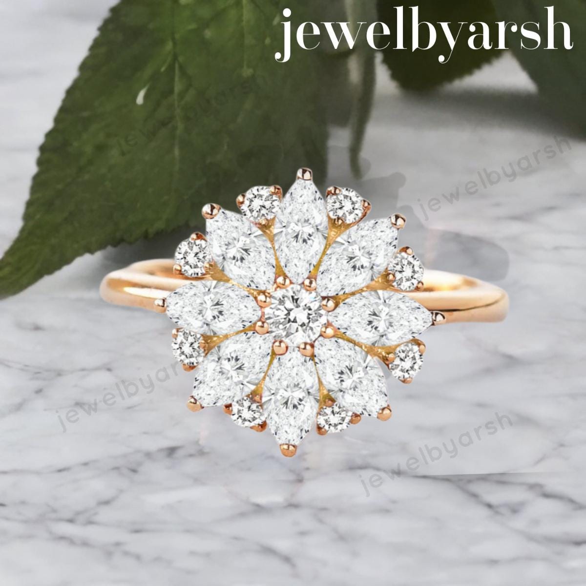 Floral Moissanite Ring, Colorless Lab Created Moissanite Flower Ring, 925 Sterling Silver, April Birthstone