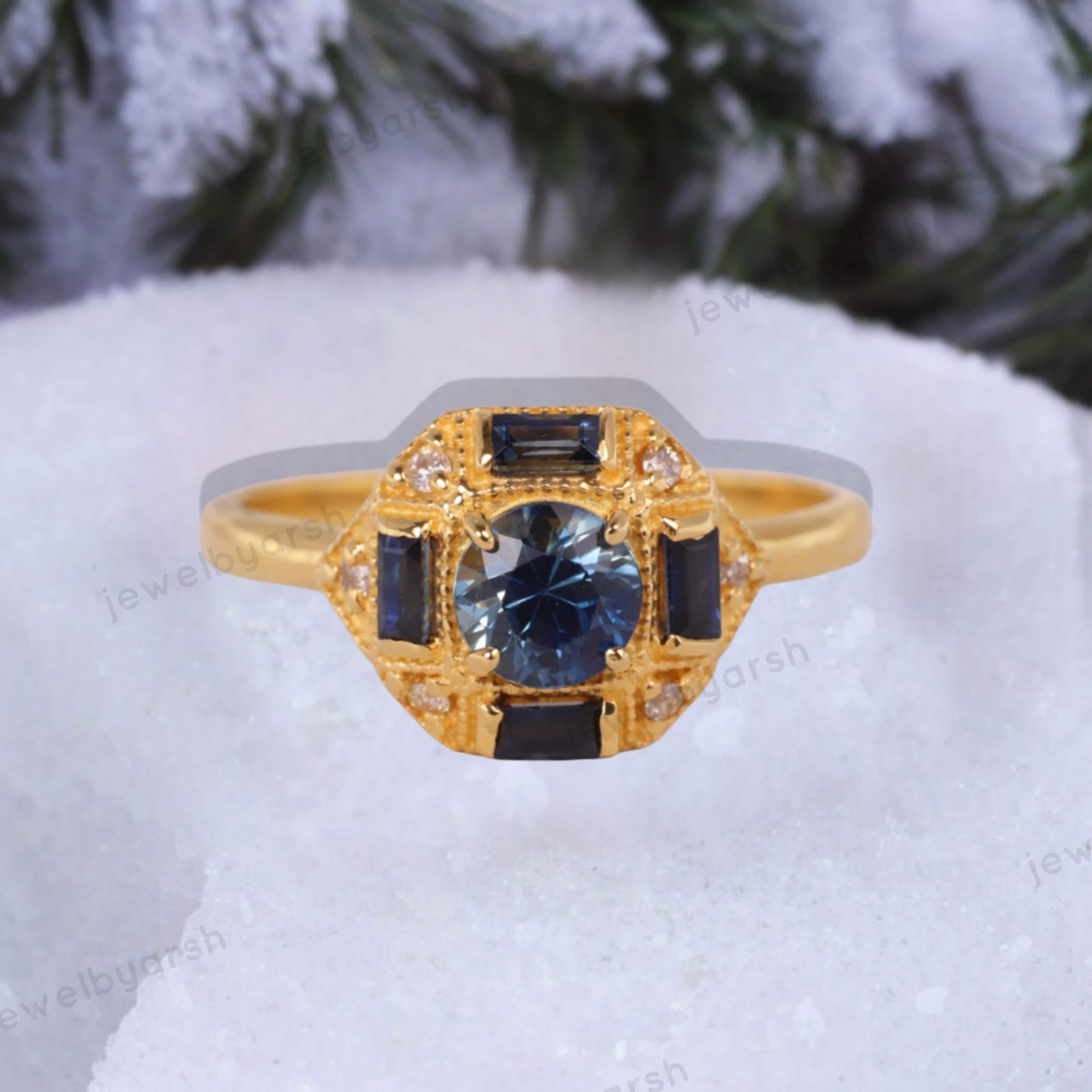 Antique Art Deco Sapphire CZ Stone Engagement Ring, Blue Sapphire Band, Delicate Bridal Ring Anniversary Gift, Brides Maid Ring,