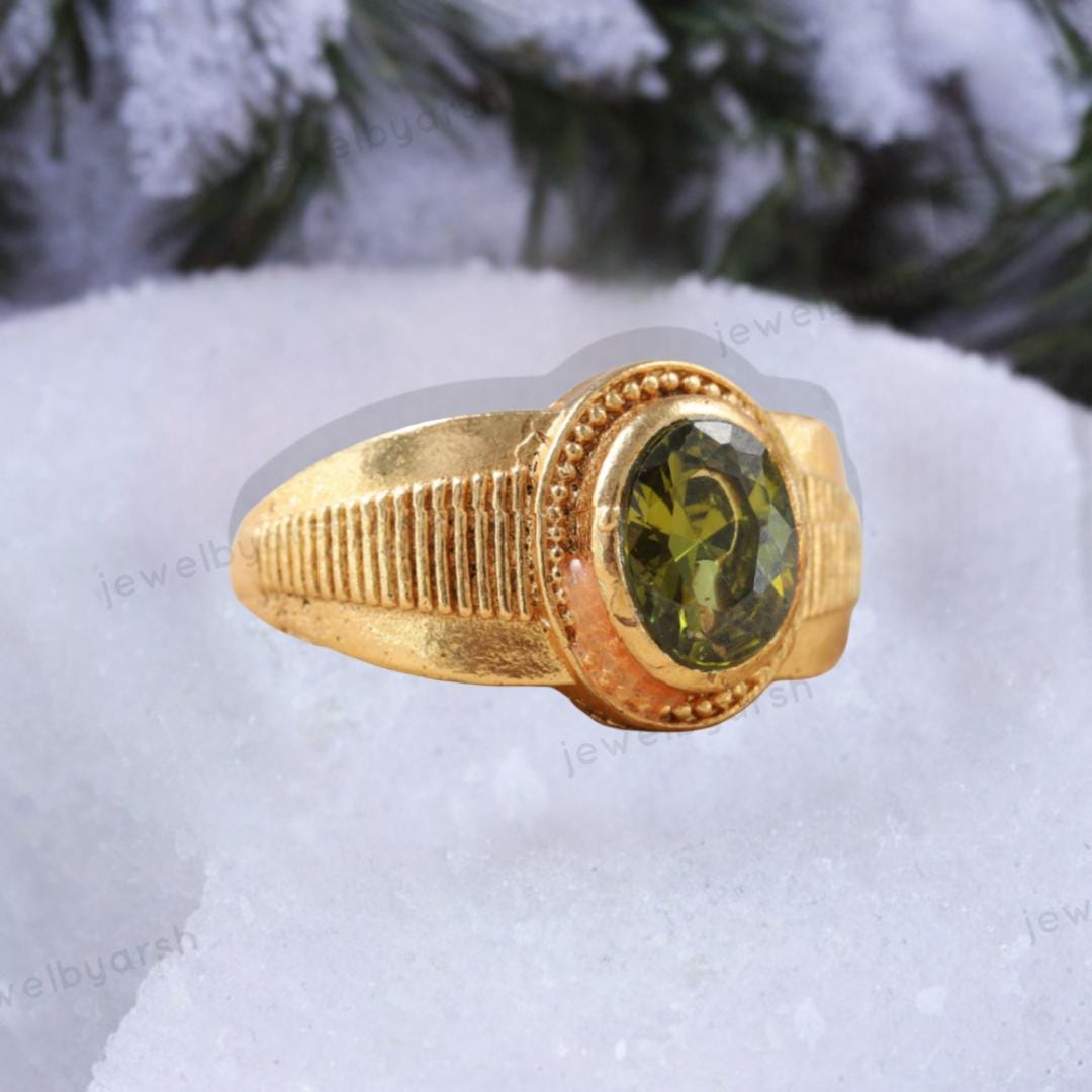 Oval Shape Green Peridot Gemstone Signet Ring, Men Women Engraved Ring, August Birthstone Ring, Birthday Gift For Father