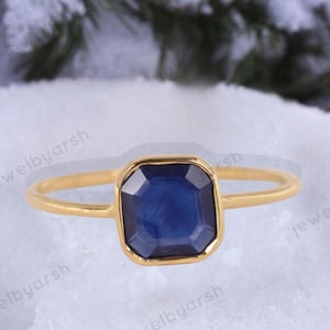 Emerald Cut Blue Sapphire Ring, Yellow Gold Engagement Ring