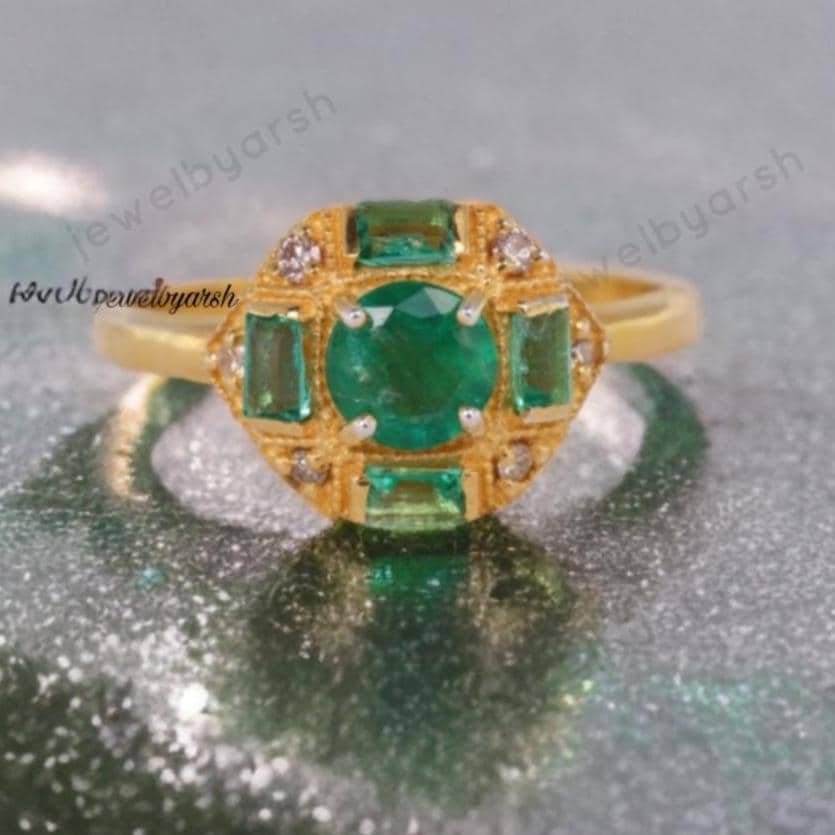 Emerald Engagement Ring, Green Emerald Three Stone Ring, 14K Yellow Gold Micron Plated 925 Sterling Silver, May Birthstone
