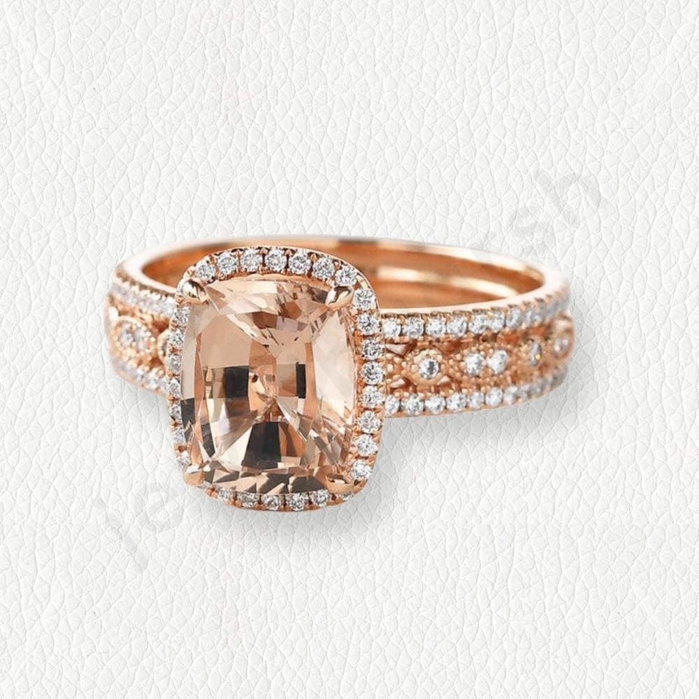 Bridal Blush Halo Ring, Oval Morganite Engagement Ring, Rose Gold Ring, CZ Side Stones
