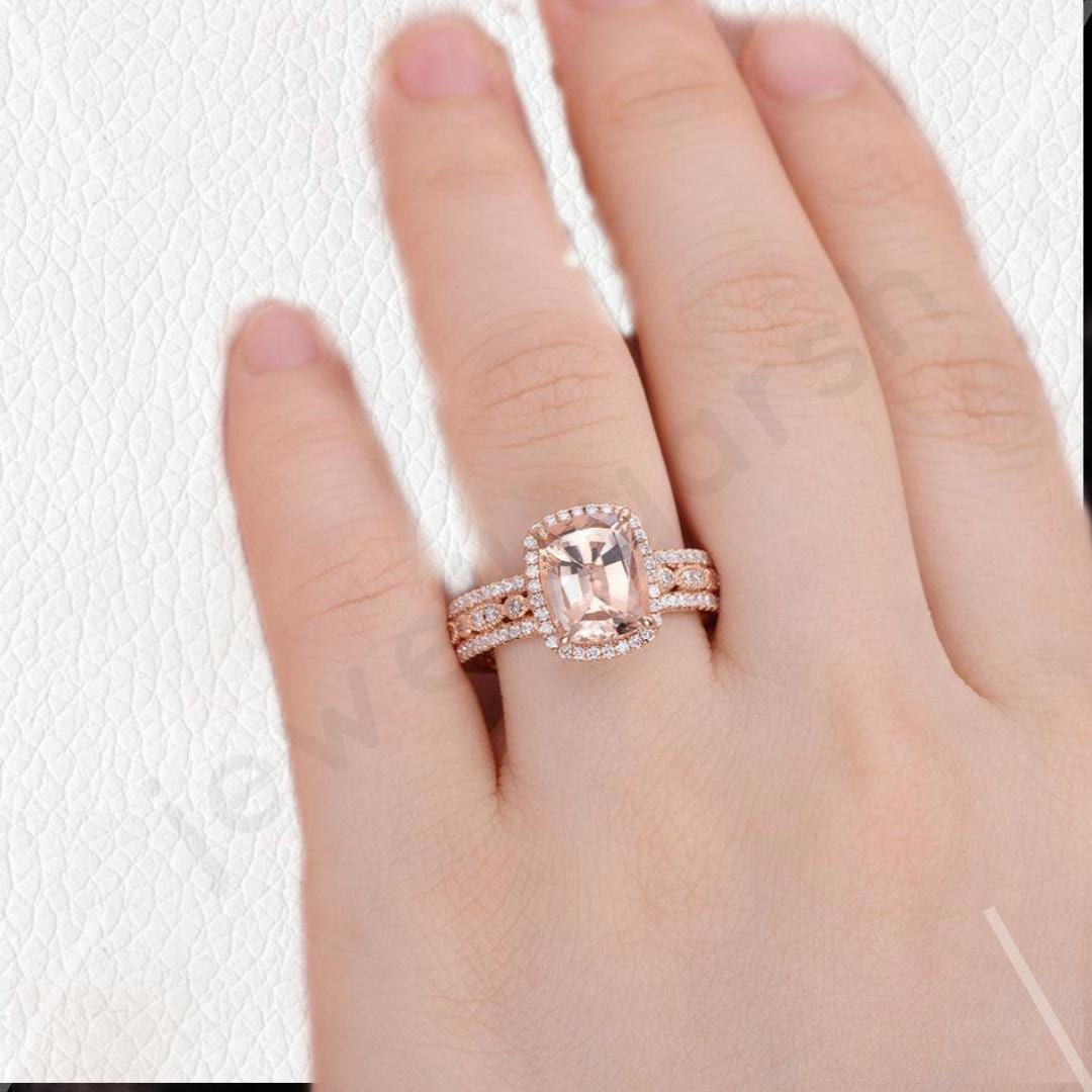 Bridal Blush Halo Ring, Oval Morganite Engagement Ring, Rose Gold Ring, CZ Side Stones