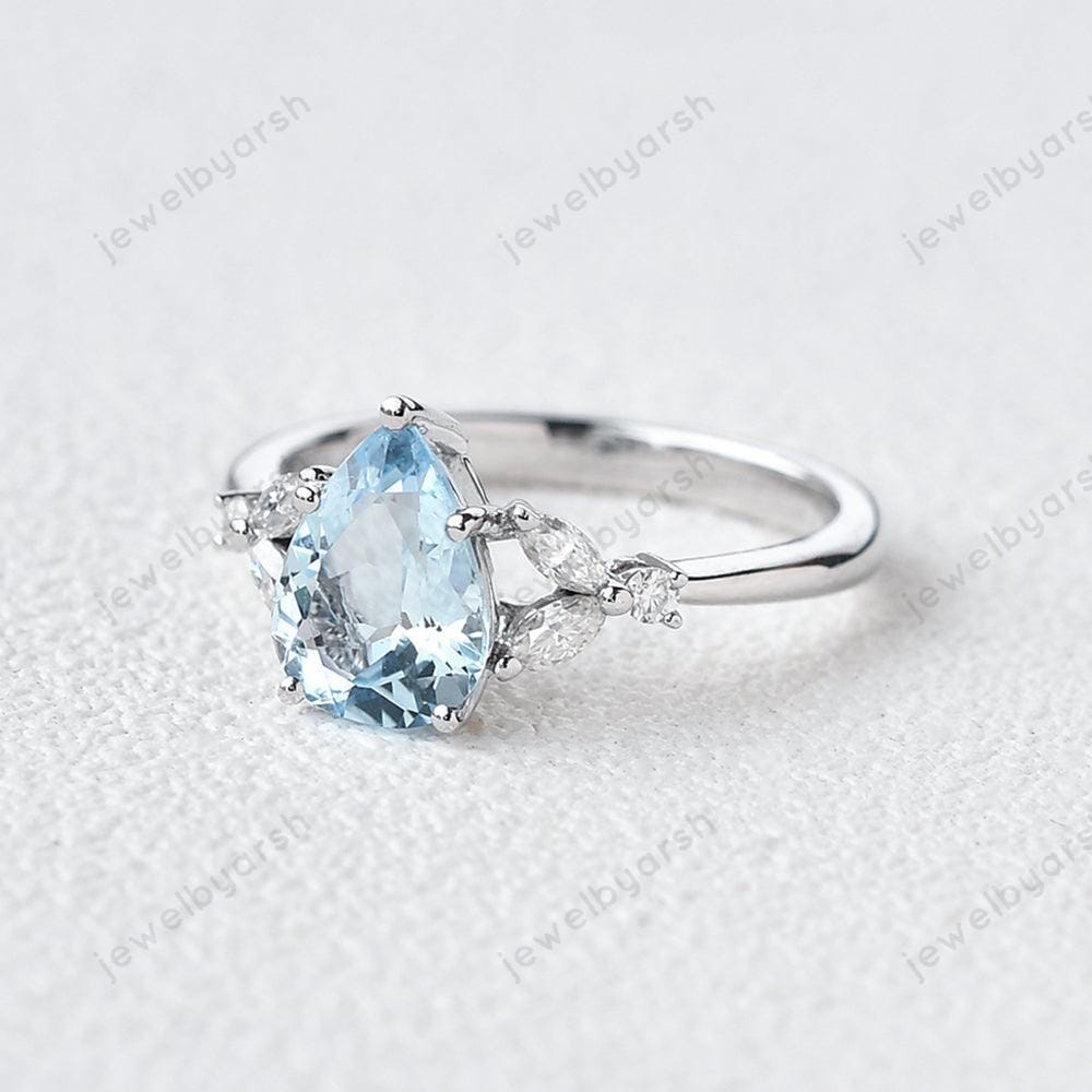 Pear Cut Aquamarine Ring, 925 Sterling Silver, Moissanite Wedding Ring, March Birthstone Ring, Unique Design Gift Ring,  Aquamarine Jewelry