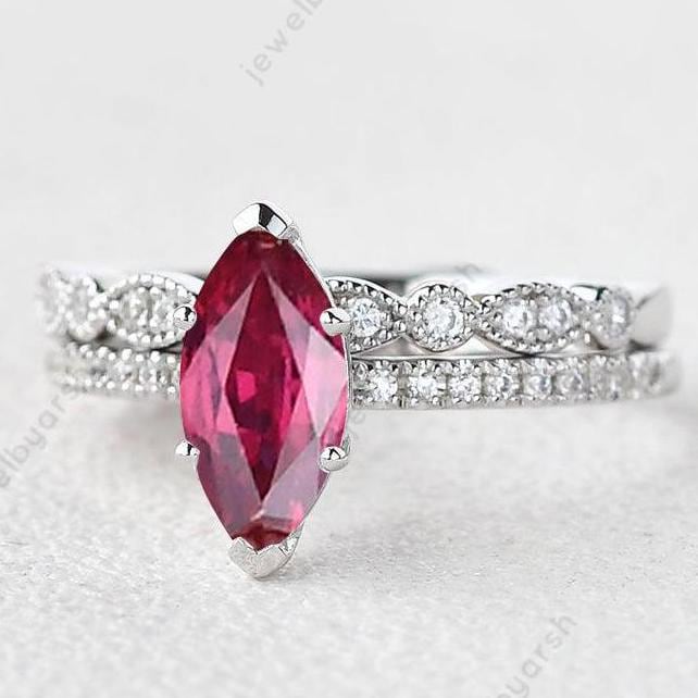 14k Marquise Ruby And Diamond Ring, Solitaire Ruby Ring, July Birthstone Vow Renewal Ring, Two Row Anniversary Band, 1st Anniversary Gift .