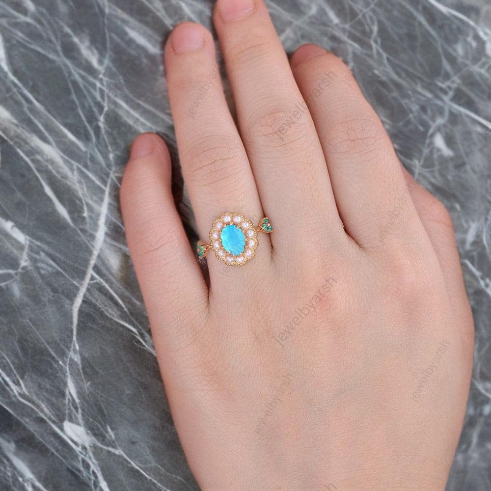 Turquoise Engagement Ring, Pearl Halo Ring, Blue Turquoise & Emerald Ring, December Birthstone Ring, 925 Sterling Silver Jewelry
