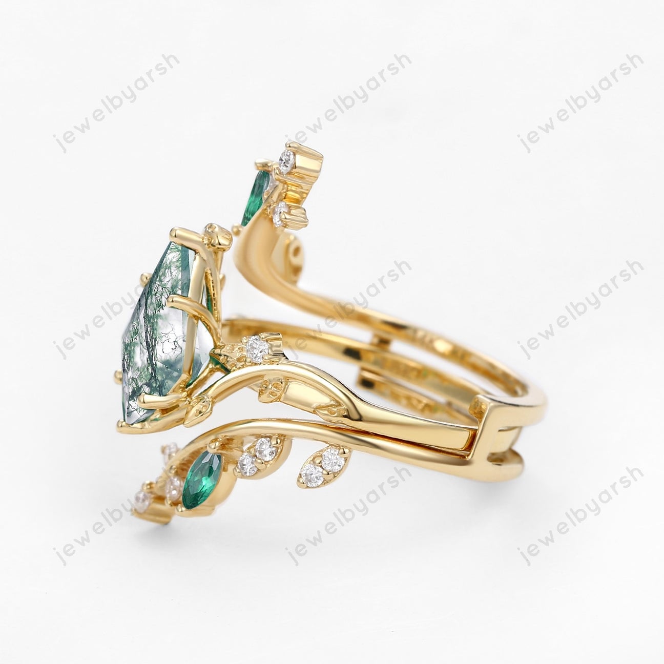 Kite Cut Moss Agate Engagement Ring: Gold Emerald Leafy Anniversary Ring Set